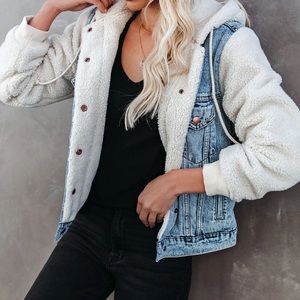 Sherpa Shearling Denim Jean Hooded Jacket